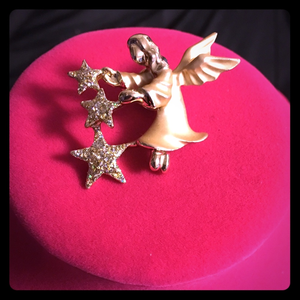 Gold Tone Angel Brooch Pin | Celestial Guardian with Crystal Stars
